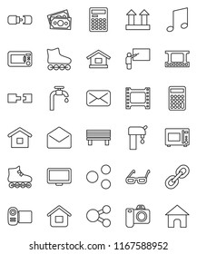 thin line vector icon set - microwave oven vector, blackboard, glasses, calculator, music, roller Skates, money, top sign, film frame, monitor, link, mail, share, bench, connection, water supply