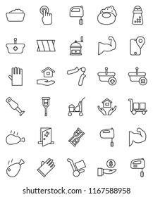 thin line vector icon set - soap vector, cleaner trolley, foam basin, rubber glove, house hold, hand mill, mixer, blender, chicken leg, investment, trainer, muscule, traking, cargo, touchscreen