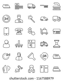 thin line vector icon set - scraper vector, vacuum cleaner, fetlock, car, window cleaning, iron, steaming, shining, woman, dollar cursor, phone 24, support, delivery, mobile, doctor, amkbulance