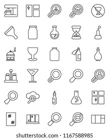 thin line vector icon set - scraper vector, window cleaning, shining, oil, hand mill, spices, jar, magnifier, flask, no alcohol sign, glass, cargo search, sand clock, potion, cloud, estate, client