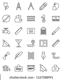 thin line vector icon set - water tap vector, splotch, welcome mat, washboard, rolling pin, thermometer, pen, pencil, ruler, drawing compass, glass, tulip, big scales, Railway carriage, broken bone