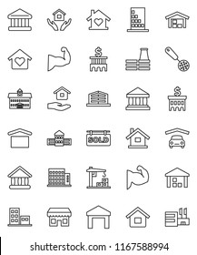 thin line vector icon set - house hold vector, skimmer, university, school building, bank, muscule hand, dry cargo, warehouse, garage, barn, sold signboard, apartments, office, love home, factory