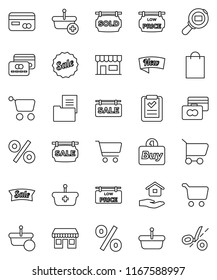 thin line vector icon set - house hold vector, cart, credit card, office, cargo search, estate document, sale signboard, sold, low price, new, shopping bag, percent, store, buy, basket, list, coupon