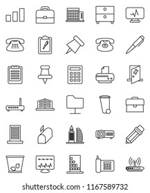 thin line vector icon set - trash bin vector, pencil, case, pen, clipboard, paper pin, archive, phone, sorting, classic, thumbtack, diagnostic monitor, medical room, network folder, apartments