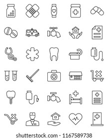 thin line vector icon set - rake vector, water tap, house hold, heart monitor, first aid kit, no trolley, ambulance star, pulse, doctor, vial, patch, stethoscope, pills, bottle, anamnesis, building