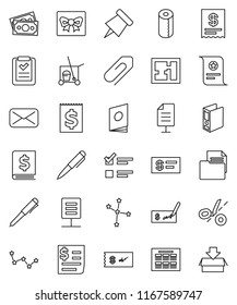 thin line vector icon set - cleaner trolley vector, toilet paper, pen, schedule, pin, certificate, constellation, exam, check, annual report, binder, money, receipt, document, mail, network, plan