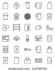 thin line vector icon set - bucket vector, trash bin, garbage pile, measuring cup, jug, sieve, jar, enegry drink, water bottle, sea container, port, consolidated cargo, package, oil barrel, shelving