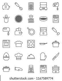 thin line vector icon set - pan vector, cook hat, apron, glove, timer, whisk, knife, grater, oven, double boiler, cookbook, sieve, dish, mixer, toaster
