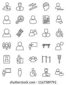 thin line vector icon set - blackboard vector, student, manager, man, personal information, horizontal bar, stairways run, client, speaking, group, disabled, crutches, head bandage, doctor, user