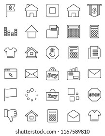 thin line vector icon set - calculator vector, flag, arrow up, dollar, document, equalizer, finger down, mail, stop button, browser, home, loading, house, buy, clothes