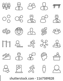 thin line vector icon set - student vector, manager, man, horizontal bar, stairways run, client, speaking, social media, group, doctor, gender sign, head bandage, medical room, share, login