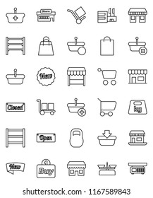 thin line vector icon set - office vector, cargo, weight, shelving, new, open, closed, shopping bag, market, store, mall, buy, basket, cart, scales