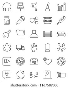 thin line vector icon set - traking vector, delivery, clock, wood box, weight, route, microphone, equalizer, headphones, social media, battery, forward button, ambulance star, heart cross, flask