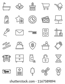 thin line vector icon set - fetlock vector, bath, rubber glove, kettle, hand mill, cereal, student, scissors, school bus, archive, cart, bank building, pills vial, stairways run, money, clock, cargo