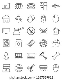 thin line vector icon set - soap vector, scraper, towel, washer, plates, shining window, turk coffee, double boiler, egg, graph, no alcohol sign, bone, route, Railway carriage, plane, phone 24, home