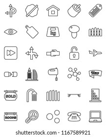 thin line vector icon set - splotch vector, shower, cutting board, mixer, mushroom, skateboard, molecule, route, plane, weight, barcode, classic phone, forward button, rca, eye, lan connector, share