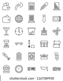 thin line vector icon set - trash bin vector, steaming, toilet brush, washer, microwave oven, blender, graduate hat, calculator, bank building, clock, tie, skateboard, glass, no hook, battery, sand