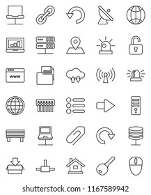 thin line vector icon set - laptop graph vector, map pin, document, satellite antenna, link, connect, notebook network, server, cloud exchange, browser, hub, bench, arrow, redo, undo, globe, siren