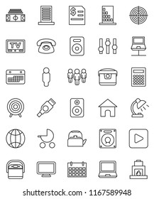 thin line vector icon set - kettle vector, table lamp, calculator, annual report, man, stadium, target, calendar, settings, tv, speaker, play button, hdmi, notebook network, globe, building, phone