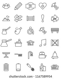 thin line vector icon set - fetlock vector, kettle, skimmer, turk coffee, chicken leg, pencil, student, bell, music, exchange, attention, wood box, satellitie, group, battery, disabled, heart cross