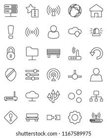 thin line vector icon set - antenna vector, connect, connection, network folder, server, cloud, shield, gear, equalizer, router, share, home, favorites, bench, undo, hierarchy, route arrow, lock