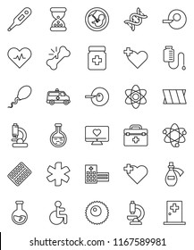 thin line vector icon set - atom vector, flask, heart monitor, cross, doctor bag, ambulance star, disabled, pulse, thermometer, dna, pregnancy, insemination, broken bone, sand clock, pills bottle