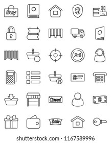 thin line vector icon set - gift vector, wallet, cash, sale, closed, 24 hour, market, mall, customer, support, target, buy, barcode, card reader, receipt, basket, home, delivery, catalog, lock, menu