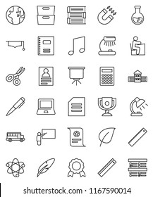 thin line vector icon set - book vector, copybook, graduate hat, pen, school building, blackboard, ruler, student, atom, table lamp, calculator, notebook pc, award cup, medal, certificate, magnet