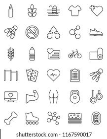 thin line vector icon set - heart pulse vector, clipboard, bike, weight, horizontal bar, punching bag, muscule hand, buttocks, snickers, boxing glove, t shirt, roller Skates, molecule, water bottle