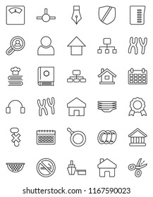 thin line vector icon set - plates vector, pan, colander, measuring cup, cookbook, pen, medal, university, arrow up, hierarchy, calendar, scales, no smoking, port, hook, protected, headphones, home