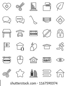 thin line vector icon set - towel vector, splotch, plates, ladle, scissors, leaf, dollar flag, heart cross, run, document, dry cargo, flammable, dialog, eye, garage, rent signboard, rooms, lock