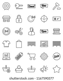 thin line vector icon set - laptop graph vector, target, office, barcode, sale, new, open, closed, 24 hour, shopping bag, store, support, basket, cart, auction, loudspeaker, lock, check, coupon