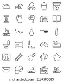 thin line vector icon set - fetlock vector, bucket, iron, steaming, toilet, brush, paper, oil, plates, jug, book, pencil, constellation, sand clock, tie, scales, pills, router, cottage, pool, key