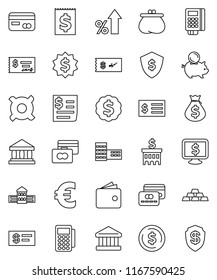 thin line vector icon set - school building vector, bank, dollar coin, credit card, wallet, percent growth, money bag, piggy, check, receipt, medal, shield, monitor, any currency, euro sign, reader