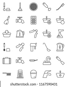 thin line vector icon set - plunger vector, broom, water tap, fetlock, bucket, car, toilet brush, pan, kettle, whisk, spatula, ladle, grater, sieve, case, hand trainer, supply, basket