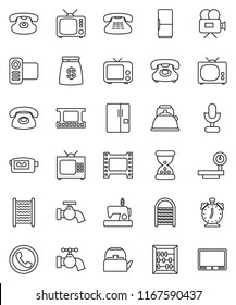 thin line vector icon set - water tap vector, washboard, kettle, alarm clock, abacus, phone, big scales, film frame, tv, video camera, microphone, classic, sand, fridge, money bag, sewing machine