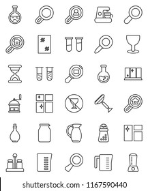 thin line vector icon set - scraper vector, window cleaning, shining, oil, measuring cup, hand mill, spices, jug, jar, magnifier, flask, no alcohol sign, glass, cargo search, vial, sand clock