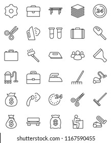 thin line vector icon set - scraper vector, vacuum cleaner, rake, iron, steaming, student, case, money bag, horizontal bar, group, vial, scissors, big data, gear, bench, 24 hour