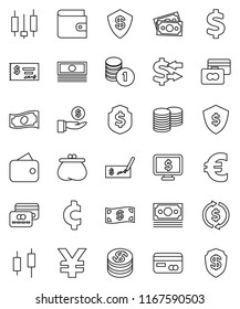 thin line vector icon set - exchange vector, japanese candle, credit card, wallet, cash, investment, coin stack, check, dollar shield, monitor, euro sign, yen, cent, money
