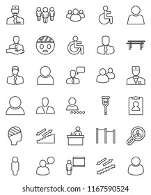 thin line vector icon set - blackboard vector, student, manager, man, personal information, horizontal bar, stairways run, client, speaking, group, disabled, doctor, crutches, head bandage, user