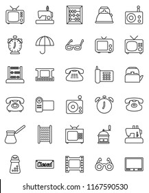 thin line vector icon set - washboard vector, kettle, hand mill, turk coffee, glasses, alarm clock, abacus, phone, umbrella, film frame, radio, tv, classic, closed, video camera, sewing machine