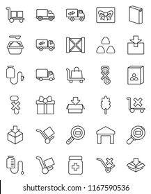 thin line vector icon set - washing powder vector, cereal, delivery, wood box, cargo, no trolley, hook, warehouse, package, search, pills bottle, drop counter, relocation truck, gift