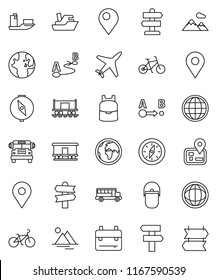 thin line vector icon set - camping cauldron vector, backpack, compass, school bus, world, bike, signpost, navigator, earth, map pin, Railway carriage, plane, ship, route, globe, mountain