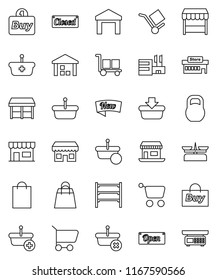 thin line vector icon set - office vector, cargo, warehouse, weight, shelving, new, open, closed, shopping bag, market, store, mall, buy, basket, cart, scales