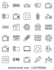 thin line vector icon set - cinema clap vector, film spool, tv, gamepad, video camera, remote control, pause button, stop, rec, hdmi, web, projector