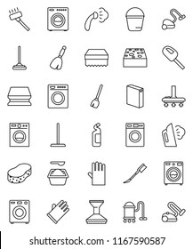 thin line vector icon set - broom vector, vacuum cleaner, mop, bucket, sponge, car fetlock, steaming, washer, washing powder, cleaning agent, rubber glove