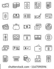 thin line vector icon set - credit card vector, cash, coin stack, check, receipt, dollar calendar, money, wallet, reader, tap pay