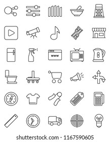 thin line vector icon set - vacuum cleaner vector, toilet, sprayer, kettle, grater, ruler, telescope, compass, music, hand trainer, target, route, clock, barcode, social media, play button, crutches