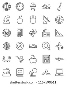 thin line vector icon set - broom vector, sink, cookbook, bbq, corner ruler, apple fruit, compass, abacus, world, piggy bank, auction, clock, target, pound, no fastfood, oxygen, route, plane, car