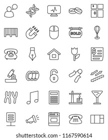 thin line vector icon set - plates vector, shining window, pen, microscope, calculator, magnet, music, hand trainer, punching bag, stairways run, phone, receipt, glass, tulip, speaking man, classic